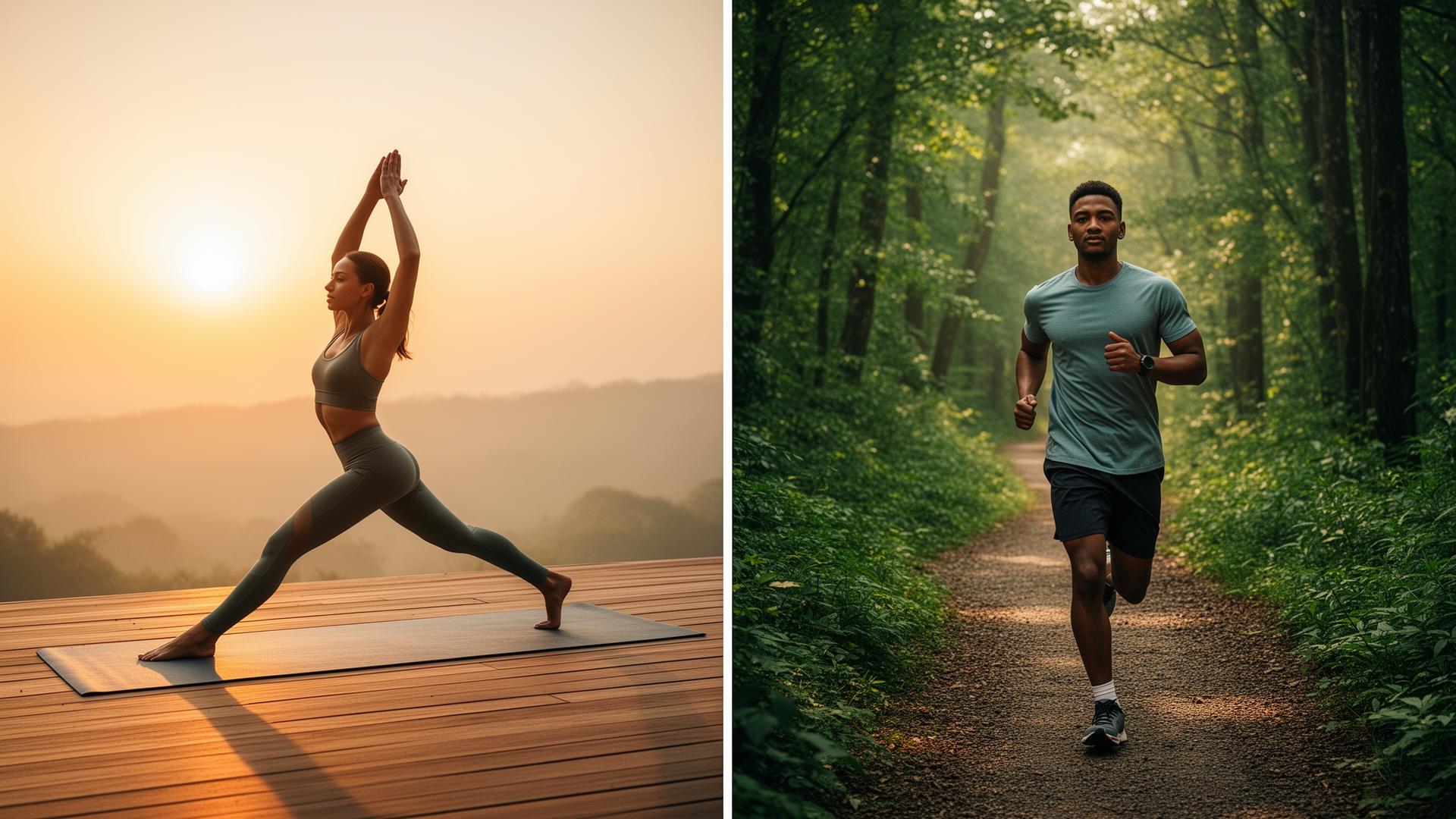 A woman doing yoga at sunrise and a man jogging on a forest path.