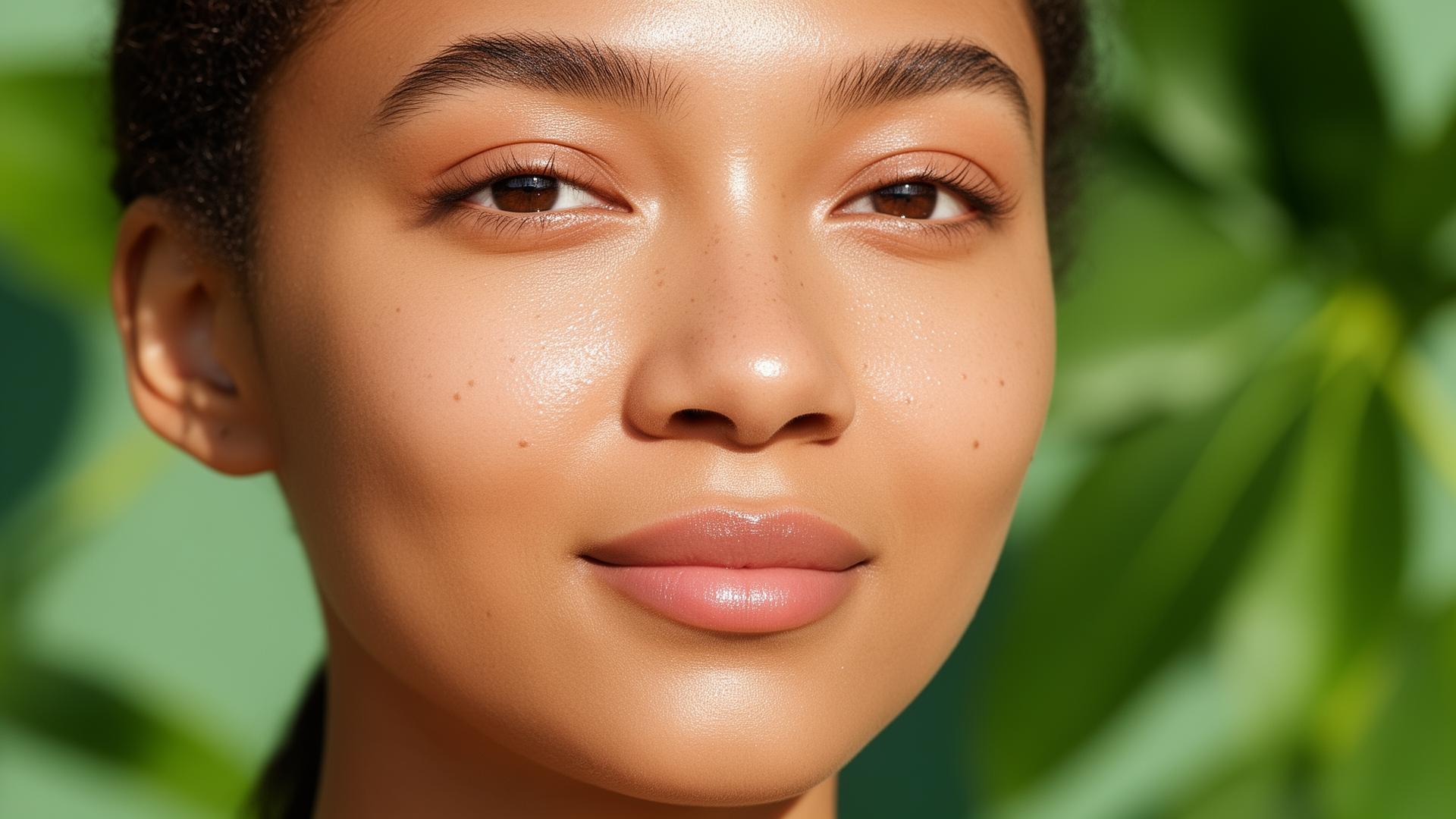 Close-up of glowing healthy skin against soft green leaves.